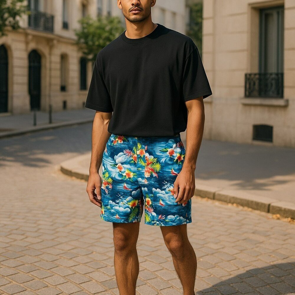 VTG Polo Sport Ralph Lauren Mens Large Blue Hawaiian Floral Shorts Swim Trunks L